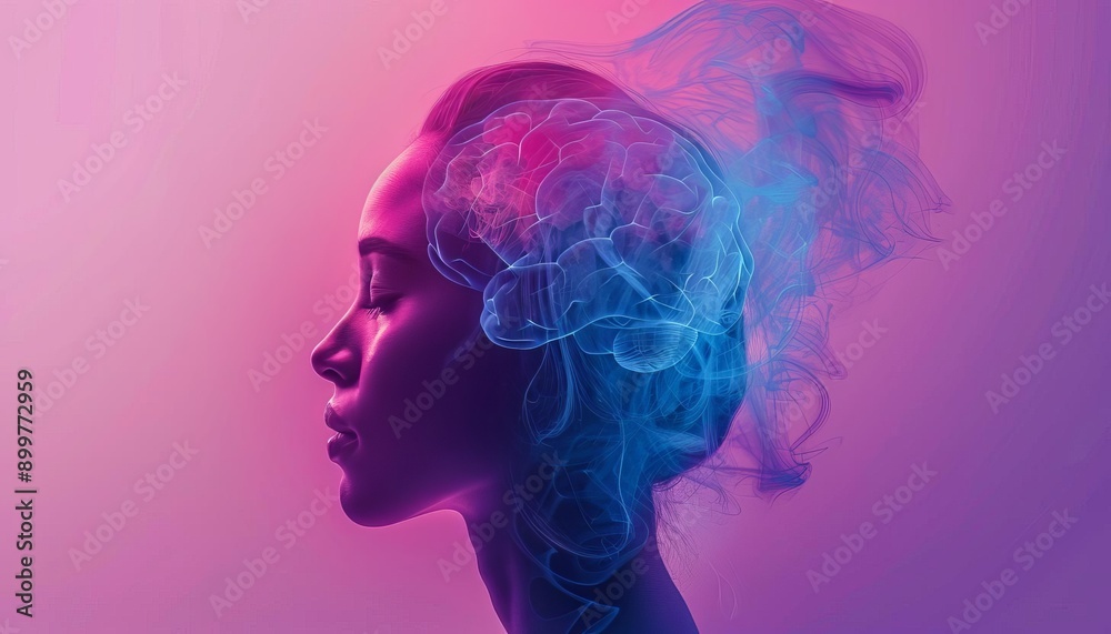 A woman in profile with abstract colorful smoke artwork surrounding her head, blending purple and blue hues in a dreamy, surreal style.