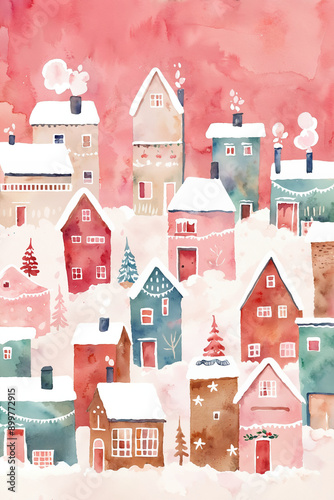 A charming winter village, houses and trees in a snowy landscape, blue and orange, pink background, merry christmas, happy new year watercolor illustration, greeting card, poster, space for text