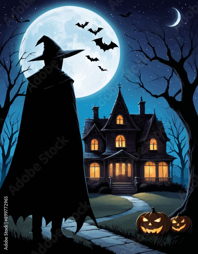 Midnight Halloween: Witch's Silhouette Against Full Moon and Hallowe'en House