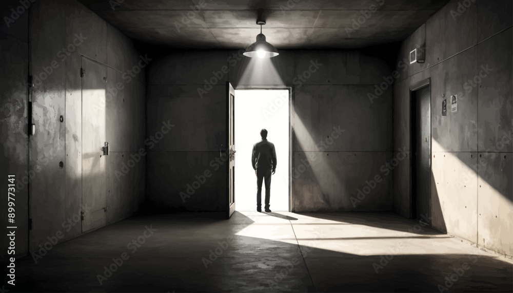 Lone figure standing in the doorway of a concrete room with a bright light shining through Lone figure standing in the doorway of a concrete room with a bright light shining through
