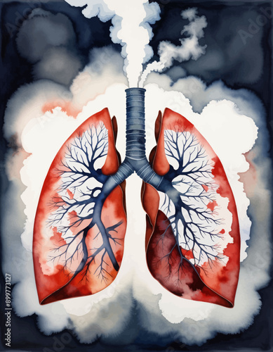 Lung Anatomy Illustration with Smoke and Clouds