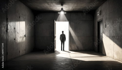 Lone figure standing in the doorway of a concrete room with a bright light shining through