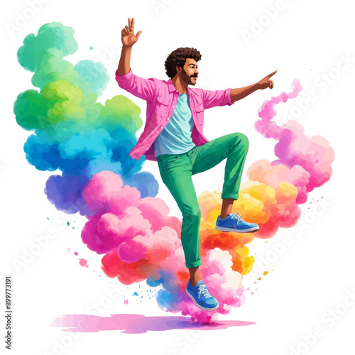 Jubilant Man Jumping in Colorful Clouds