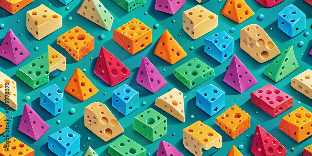 Vibrant seamless pattern featuring stylized cheese molds in modern bright colors, perfect for trendy designs, textiles, and surfaces, adding a pop of fun and elegance. Vibrant seamless pattern featuring stylized cheese molds in modern bright colors, perfect for trendy designs, textiles, and surfaces, adding a pop of fun and elegance.