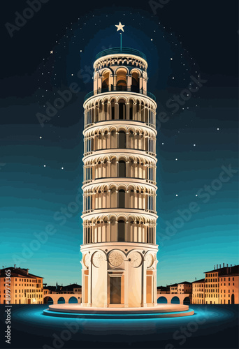 Illuminated Leaning Tower of Pisa at Night