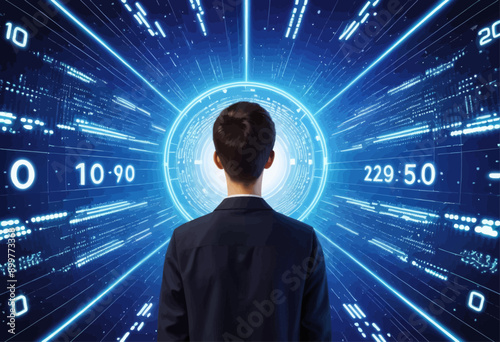 Innovative Future: Man Standing in Front of Digital Clocks and Graphs