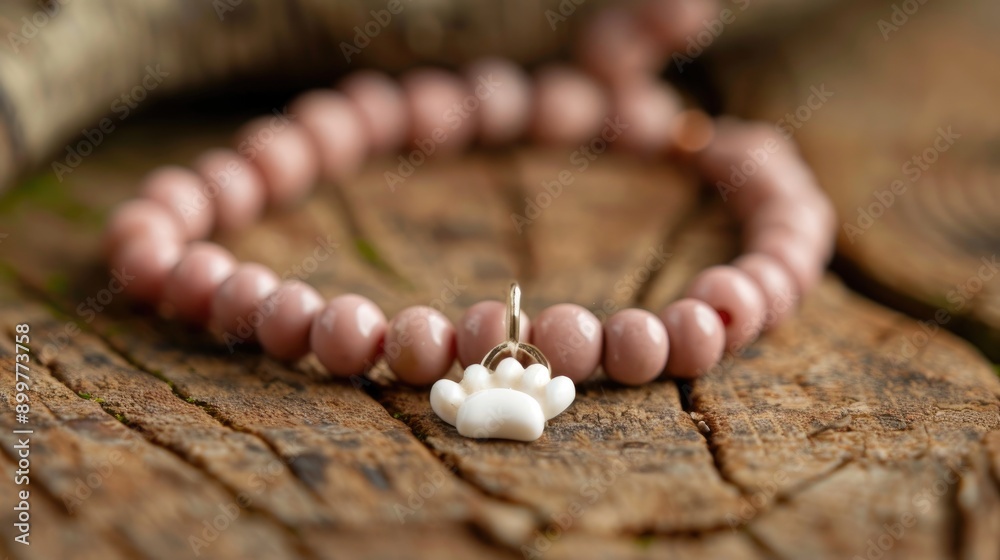 Beige pink bead necklace with white paw pendant on brown background for pets