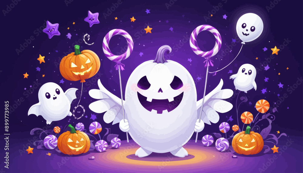 Halloween-themed characters with candy and pumpkins, set against a purple starry night sky Halloween-themed characters with candy and pumpkins, set against a purple starry night sky