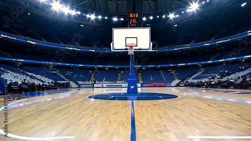 An empty basketball court with wood flooring and blue seats in the stands. Lights shine brightly from above.