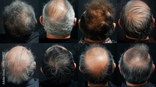 A collection of images showing the top view of different balding men's heads. This series highlights various stages and patterns of hair loss, suitable for medical and educational purposes.