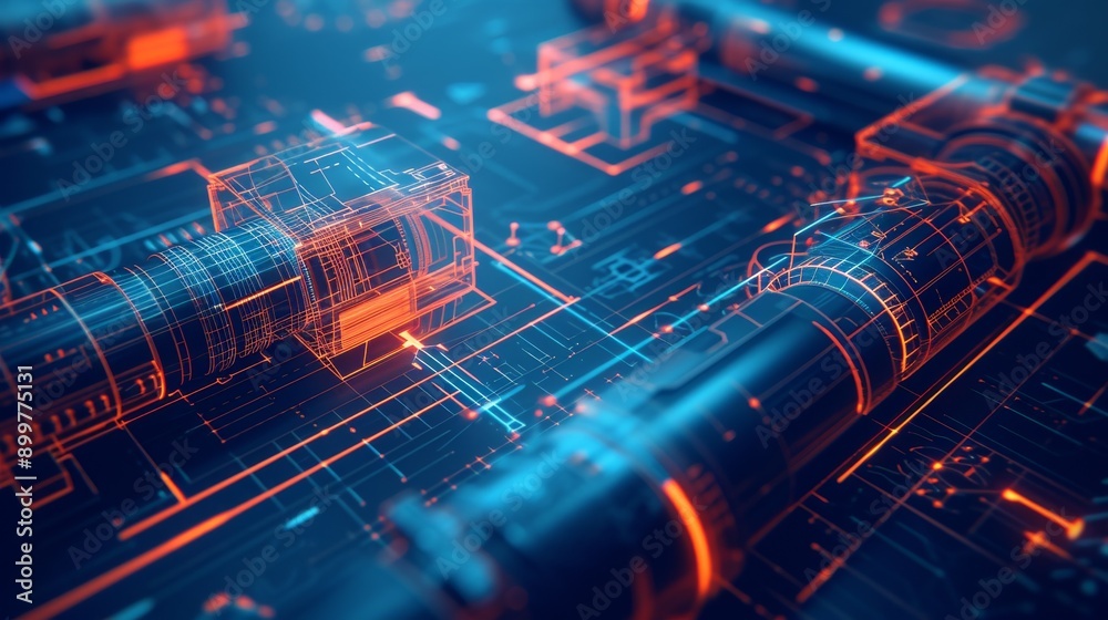 Obraz premium A futuristic machine rendered in a vibrant digital blueprint environment. This image highlights advanced technology and modern engineering, showcasing a high-tech industrial design with glowing lines