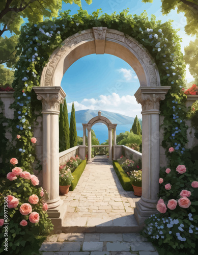 Garden Archway with Pink Flowers and Greenery, Overlooking a Serene Lake and Mountain View