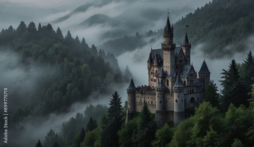Mystical Castle in Foggy Mountains Mystical Castle in Foggy Mountains