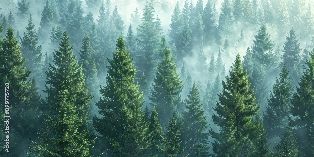 Obraz premium A view of a misty pine forest. AI generation.
