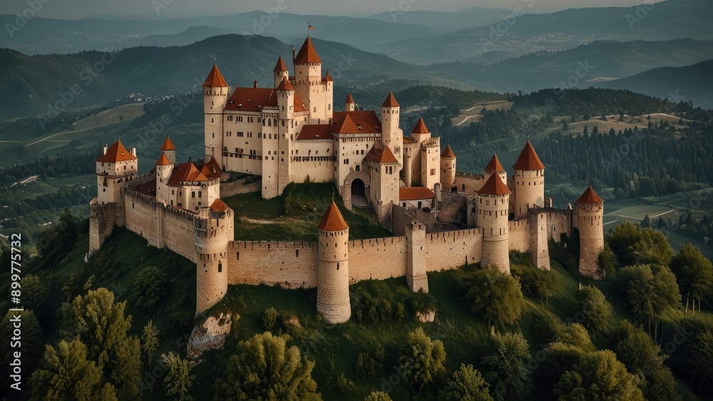 Naklejka premium Majestic Castle on Hilltop at Dusk