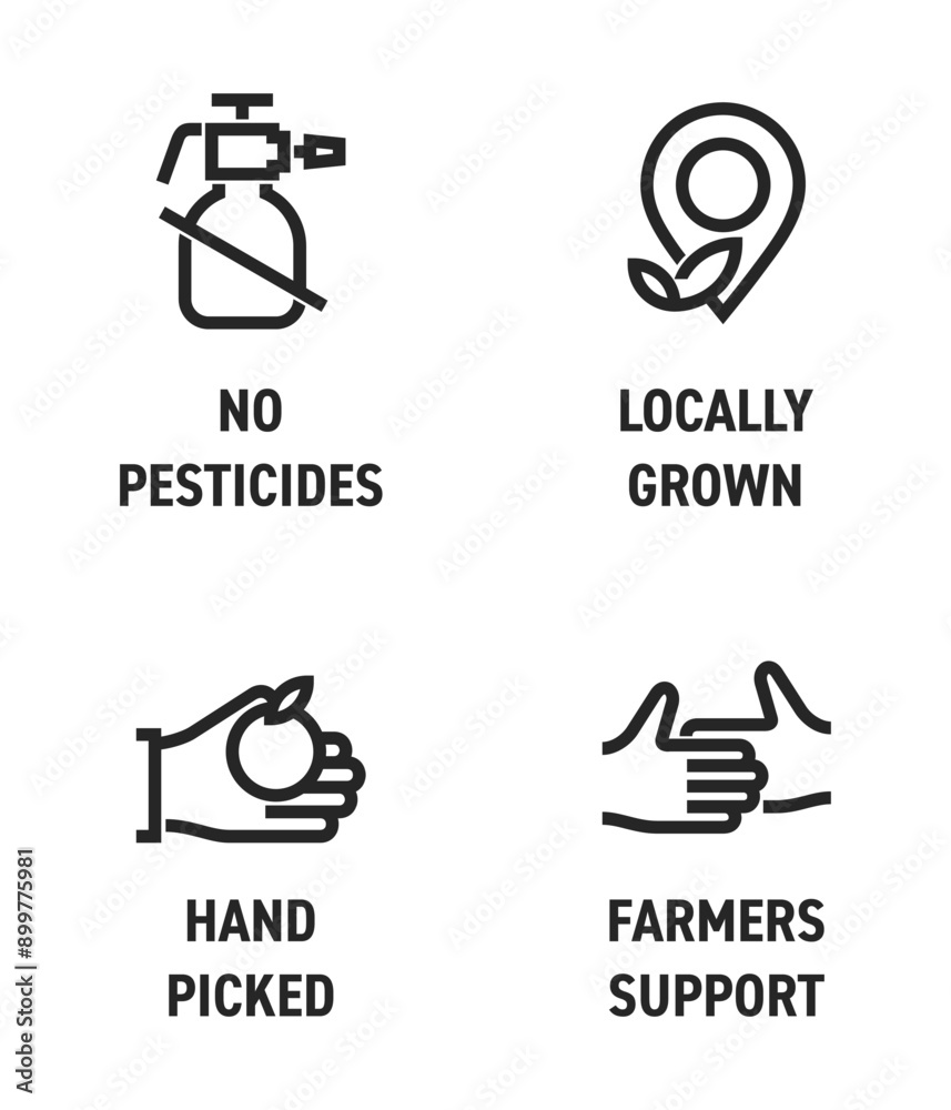 Fruits and vegetables bold icons - No pesticides, Locally grown, Hand-picked, Farmers support