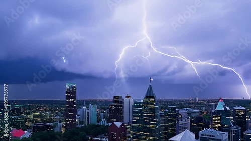 A dramatic cityscape at night, illuminated by a bright lightning bolt striking across the sky. The buildings stand tall against the dark stormy clouds. photo