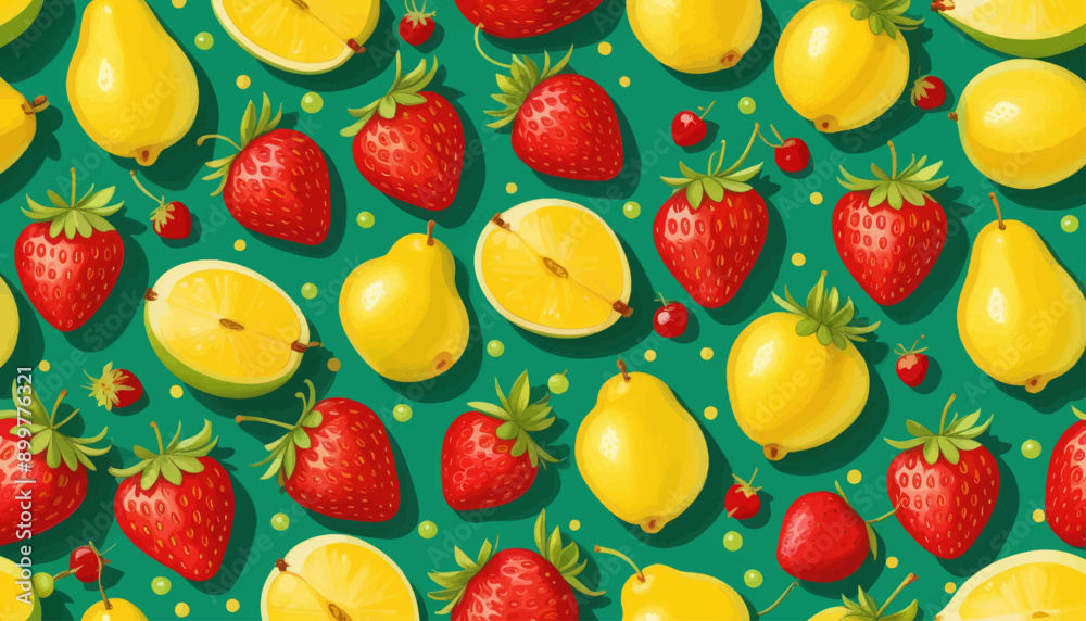 Fresh Fruit Pattern: Strawberries, Lemons, and Pears on a Green Background Fresh Fruit Pattern: Strawberries, Lemons, and Pears on a Green Background