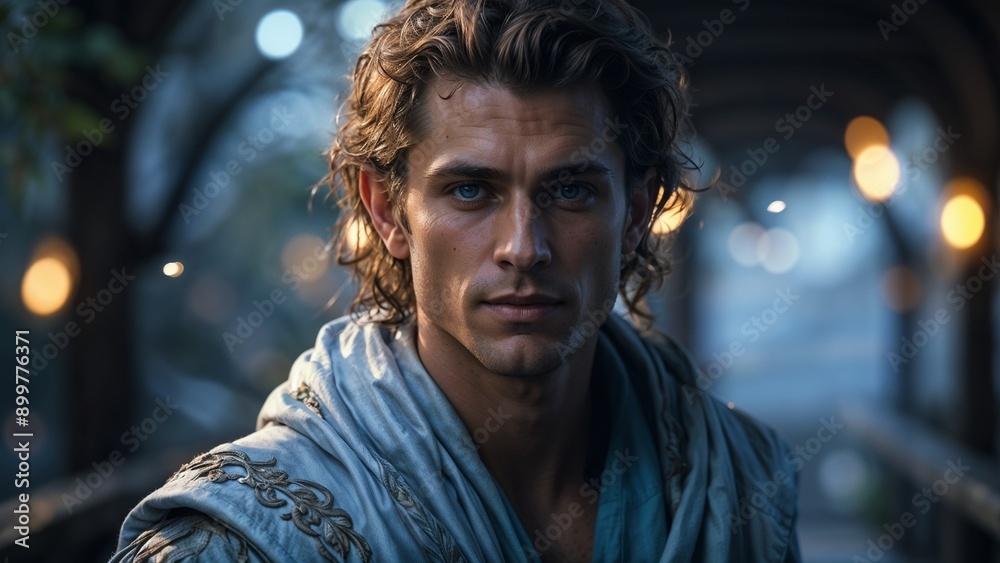 Fototapeta premium elf dressed in blue in the magical kingdom in the enchanted forest. blonde elf. elf guy - elf man - elf boy. beautifl man. handsome guy. heartthrob-elf. preatty-elf-guy. elf in blue. blonde-guy-elf.