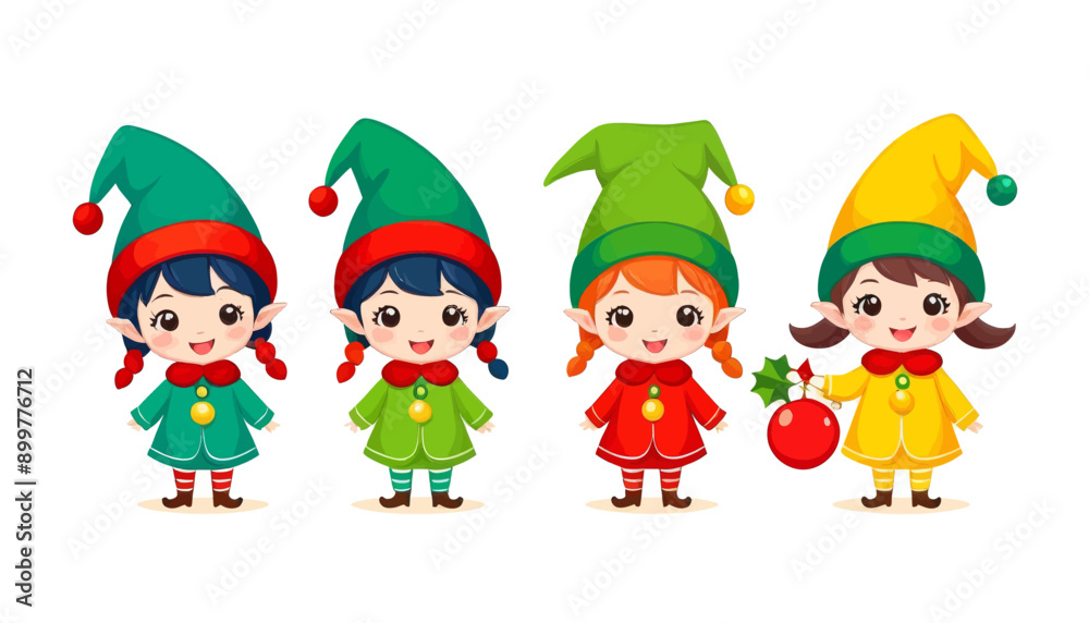 Four Elf Characters in Colorful Hats and Costumes, Smiling and Holding Ornaments, Ready for Christmas Four Elf Characters in Colorful Hats and Costumes, Smiling and Holding Ornaments, Ready for Christmas