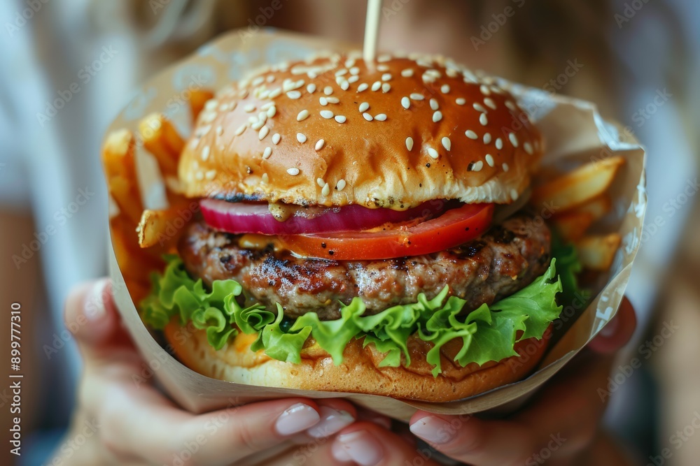 Close-up of a delicious hamburger with fresh lettuce, tomato, onion, and melted cheese, served with crispy French fries, highlighting its mouth-watering appeal. Close-up of a delicious hamburger with fresh lettuce, tomato, onion, and melted cheese, served with crispy French fries, highlighting its mouth-watering appeal.