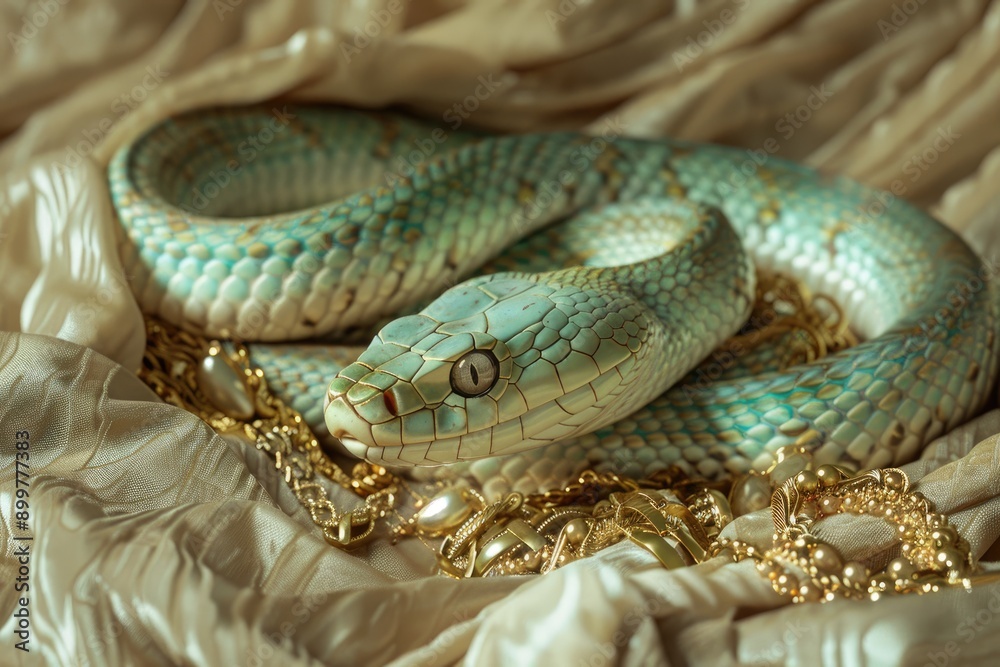 Fototapeta premium Green Snake Coiled on Golden Fabric and Jewelry