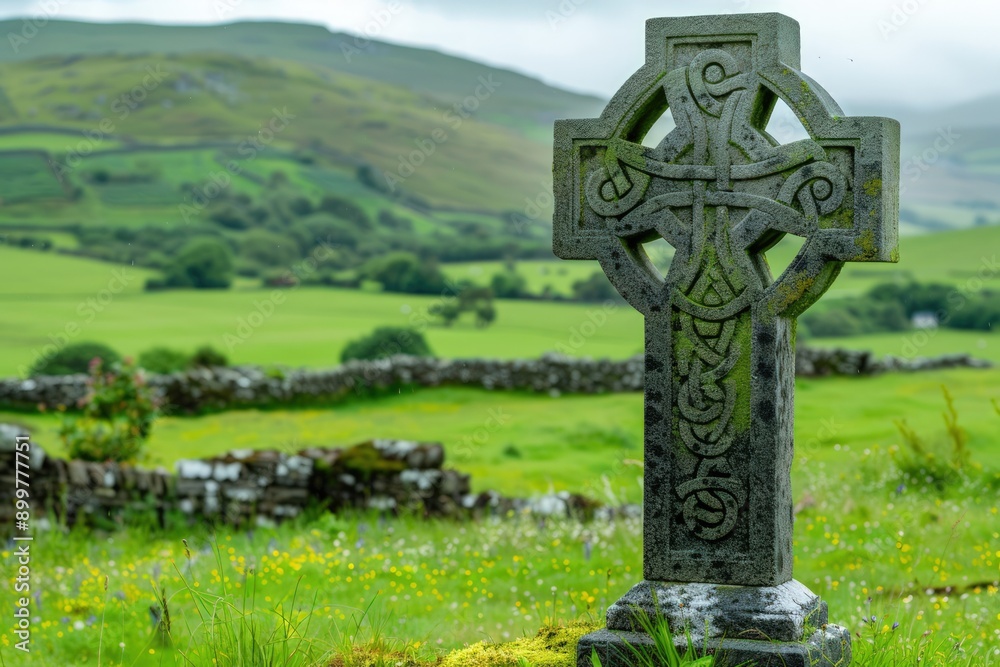 A large stone cross is standing in a field of grass A large stone cross is standing in a field of grass