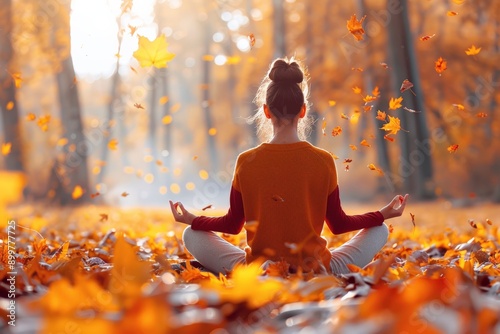 A serene autumn scene of a young woman meditating in a park, surrounded by golden leaves, capturing the essence of tranquility and mindfulness.