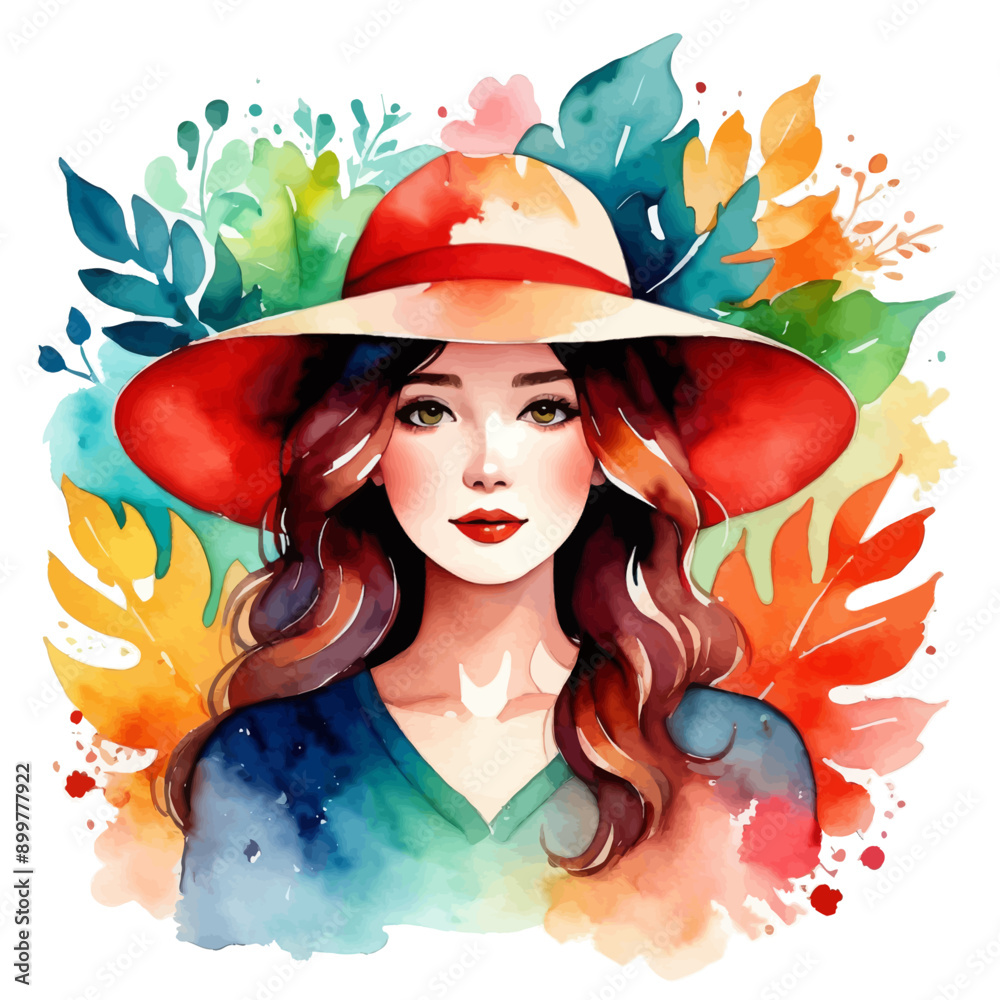Female Profile with Stylized Leaves and Flowers Female Profile with Stylized Leaves and Flowers