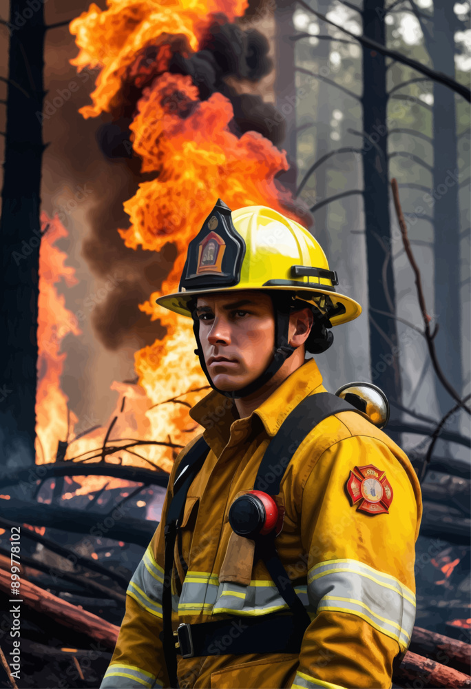 Fototapeta premium Firefighter in Yellow Turnout Gear Standing in Front of Blazing Forest Fire