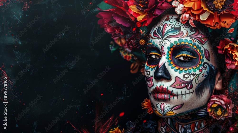Mexican woman with Day of the Dead makeup, flowers, skull on gray or black background, Mexican holiday Mexican woman with Day of the Dead makeup, flowers, skull on gray or black background, Mexican holiday