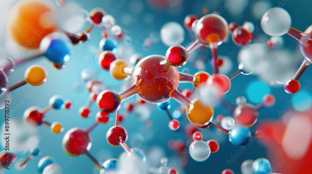 A colorful image of many small spheres, some of which are red, blue, and yellow. The spheres are arranged in a way that suggests a complex molecular structure. Concept of scientific exploration A colorful image of many small spheres, some of which are red, blue, and yellow. The spheres are arranged in a way that suggests a complex molecular structure. Concept of scientific exploration