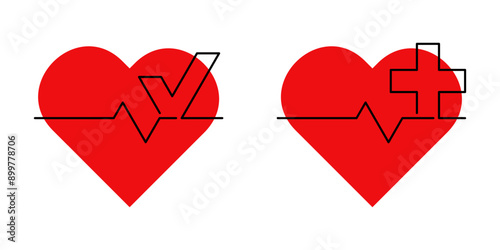 Heart Health logo template, with cross or check mark and pulse line