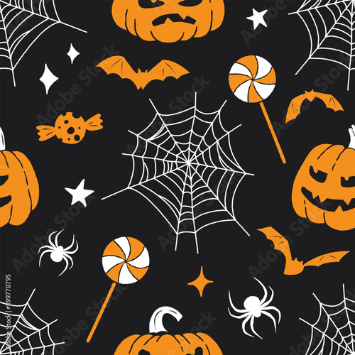 Seamless Halloween pattern with pumpkins, spider webs, bats and lollipops. Vector repeating elements on black background.