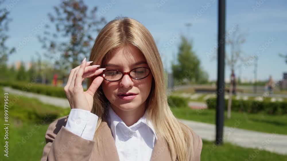 A smiling businesswoman adjusts glasses in a park on a sunny day with greenery in the background A smiling businesswoman adjusts glasses in a park on a sunny day with greenery in the background