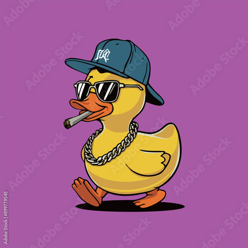 yellow duck walking in left side in hip hop cap, sunglasses, joint in mouth, golden chain on neck, pink solid background