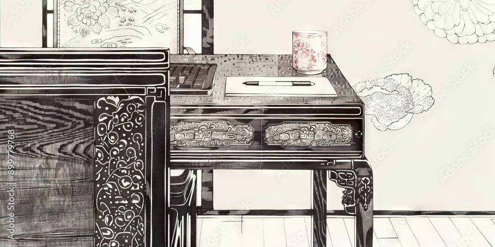 Fototapeta premium Desks of Different Eras: An antique, wooden desk with ornate carvings, reminiscent of a historic writer's workspace, contrasted with a sleek, modern standing desk, symbolizing the evolution of workspa