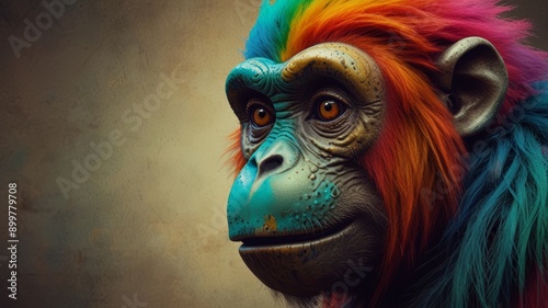 A vibrant monkey with long, bright hair in punk rock style.