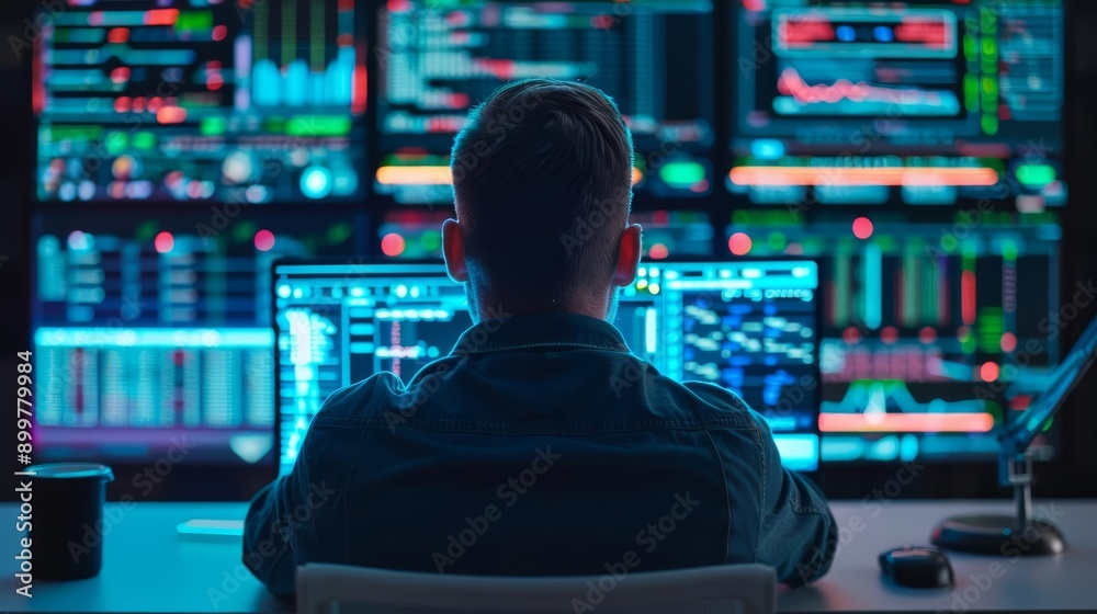 Advanced software tools, programmer at desk, neon holographic interface Advanced software tools, programmer at desk, neon holographic interface