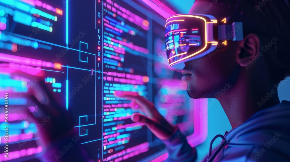 Augmented reality coding tools, neon interface, high-tech programmer Augmented reality coding tools, neon interface, high-tech programmer