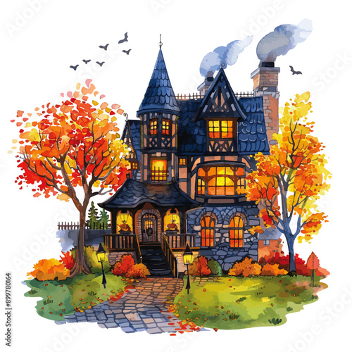 Illustration of a charming house surrounded by colorful autumn trees and leaves, with smoke coming from the chimneys and warm glowing windows. Charming Autumn House with Fall Foliage

