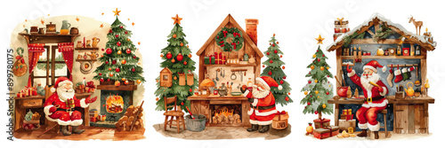 Illustrations of Santa Claus in his cozy workshop, surrounded by Christmas decorations, trees, and festive preparations for the holiday season. Santa's Workshop with Christmas Decorations

