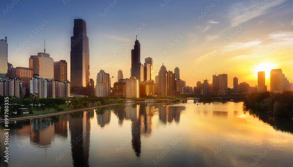 Fototapeta premium City Skyline at Sunset with Reflections
