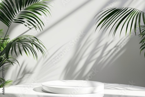 White Platform with Palm Leaves and Sunlight Shadows