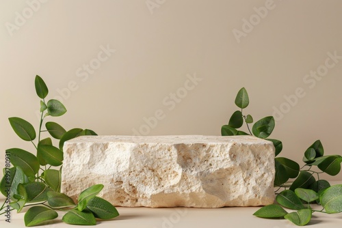 Stone Podium with Greenery on a Beige Background