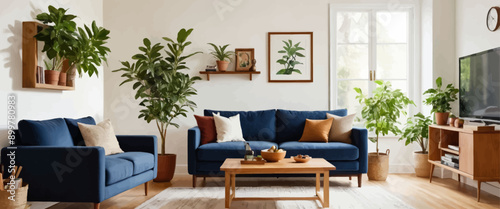 Cozy Living Room with Blue Couch and Plants