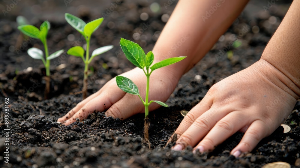 Small Plant Into The Ground - Hands Planting Young Tree Small Plant Into The Ground - Hands Planting Young Tree
