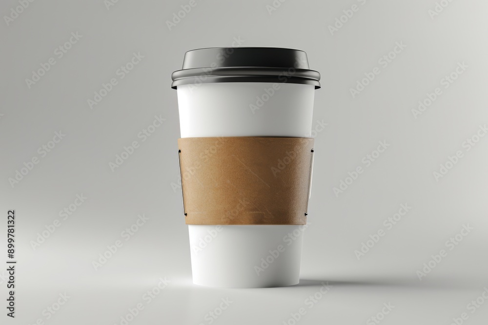 Sleek white and black coffee cup with brown sleeve ideal for on the go minimalist style captured in bright lighting contemporary design Sleek white and black coffee cup with brown sleeve ideal for on the go minimalist style captured in bright lighting contemporary design