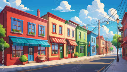 Colorful town street with vibrant buildings and lush greenery