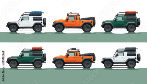 Colorful SUVs with Luggage Racks: Four-Pack of Vehicles with Ladders and Roof Racks